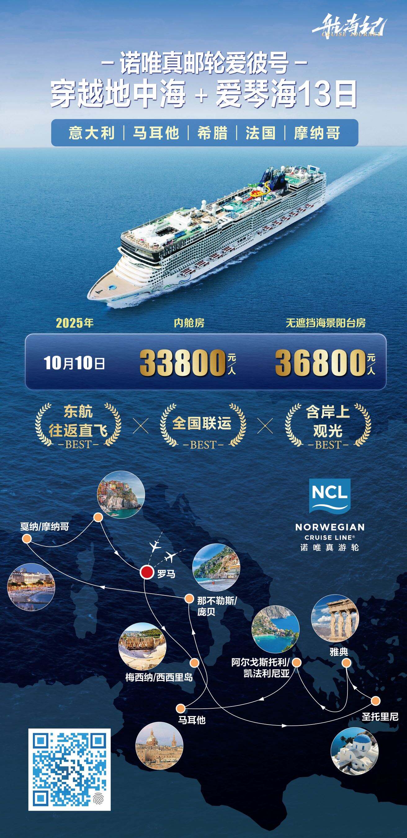 诺唯真邮轮爱彼号穿越地中海+爱琴海13日 行程图 2