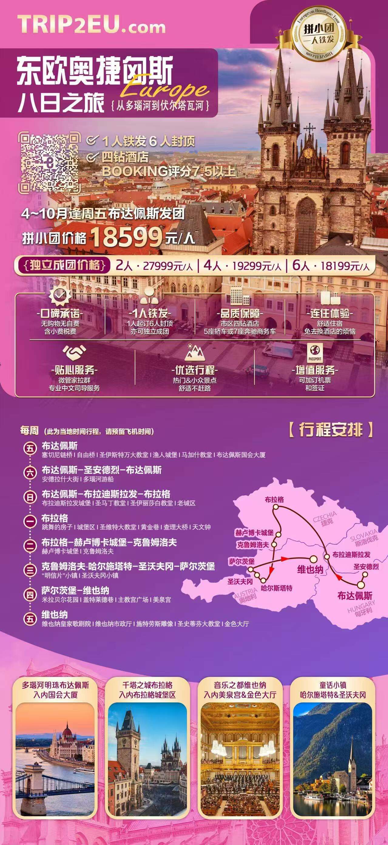 东欧奥捷匈斯8日之旅 从多瑙河到伏尔塔瓦河 1人铁发6人封顶 四钻酒店BOOKING评分7.5分以上 4月3日首发 行程图 2
