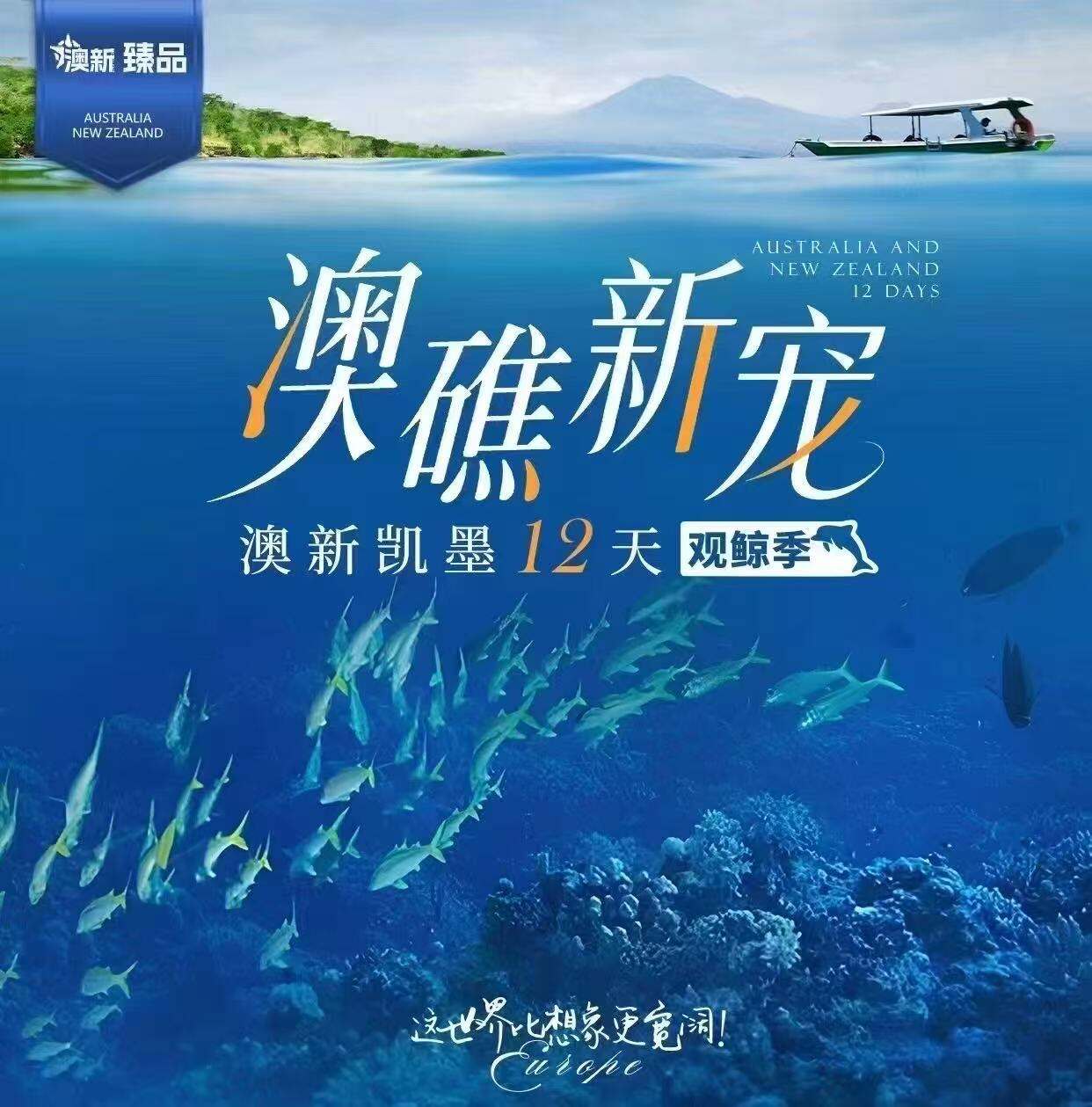 澳礁新宠·澳新凯墨12天 观鲸季 纯玩一价全含（四川航空 成都直飞含全国联运 赠送旅行三宝 赠送转化插头 赠送旅游意外 每年6月-10月是东海岸的观鲸季，我们有机会看到这一庞然大物 在你眼前跳跃嬉戏游玩，船员们有着丰富的经验）