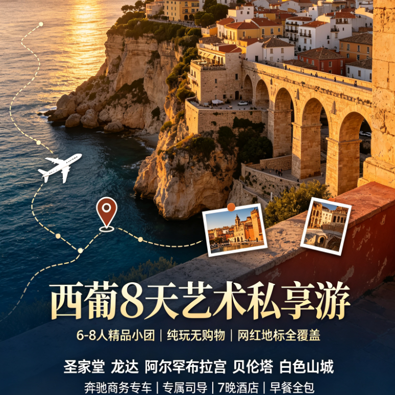 西葡8天艺术私享游（圣家堂 龙达 阿尔罕布拉宫 贝伦塔 白色山城 奔驰商务专车|专属司导|7晚酒店|早餐全包 此价格为欧元，以实际当天汇率为准）