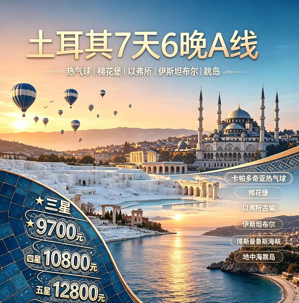 土耳其7天6晚A线（卡帕多奇亚热气球 棉花堡 三星 以弗所古城 伊斯坦布尔 博斯普鲁斯海峡 地中海跳岛）